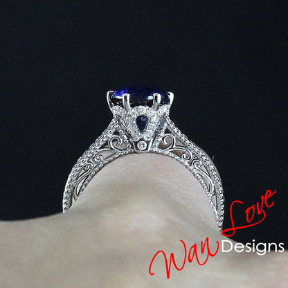 Diamond Filigree Milgrain Flower Beaded Engagement Ring Round Custom-14kt 18kt Gold, Platinum, Wedding IGI CVD HPHT Lab Diamond Ring Wan Love Designs