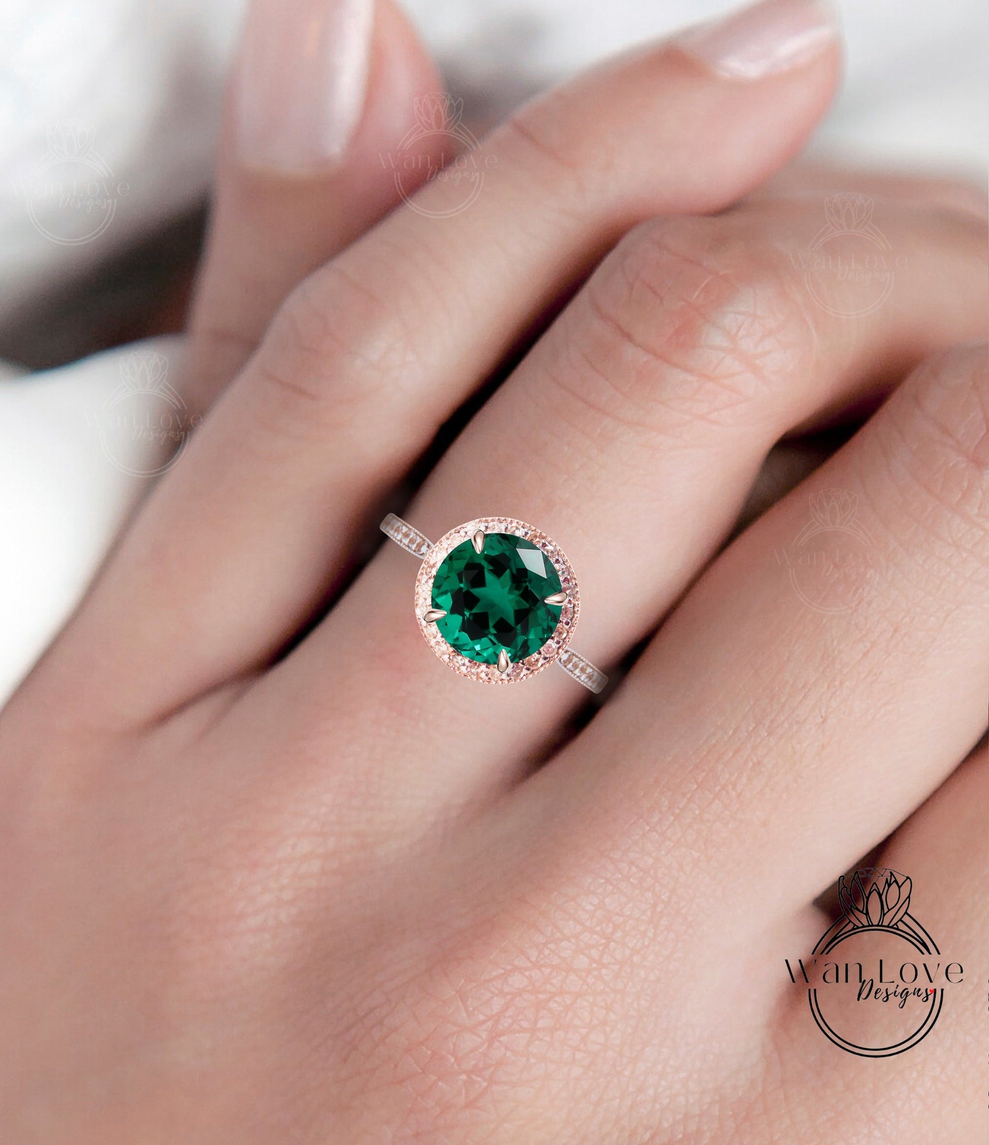 Diamond Halo Emerald Gold Ring/ Round Emerald Center Ring/ Engagement Ring/ Anniversary Ring/ Promise Ring/ Halo Milgrain Ring Wan Love Designs