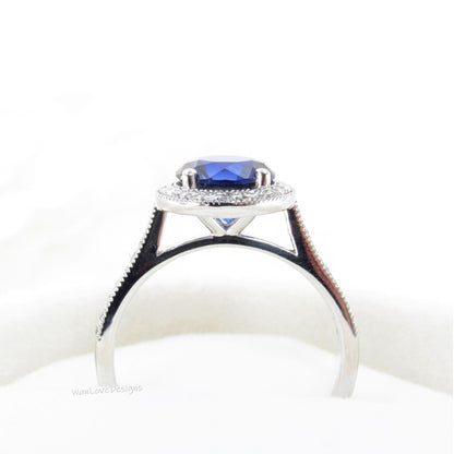 Diamond Halo Gold Ring/ Round Aquamarine Blue Spinel Center Ring/ Engagement Ring/ Anniversary Ring/ Promise Ring/ Halo Milgrain Ring Wan Love Designs
