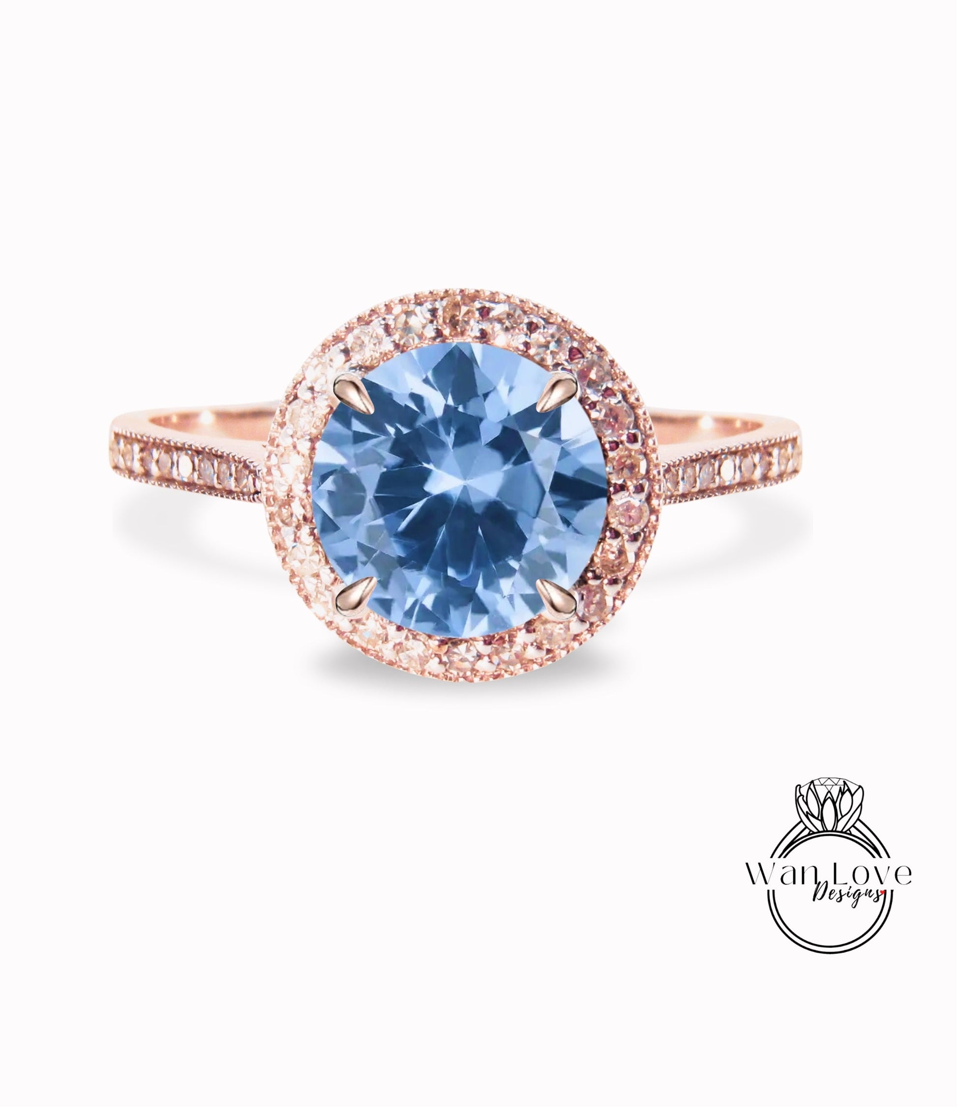 Diamond Halo Gold Ring/ Round Aquamarine Blue Spinel Center Ring/ Engagement Ring/ Anniversary Ring/ Promise Ring/ Halo Milgrain Ring Wan Love Designs
