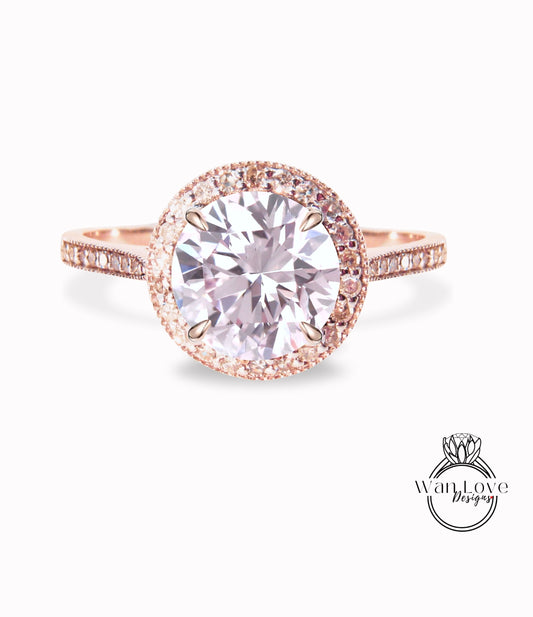 Diamond Halo Gold Ring/ Round Light Pink Sapphire Center Ring/ Engagement Ring/ Anniversary Ring/ Promise Ring/ Halo Milgrain Ring Wan Love Designs
