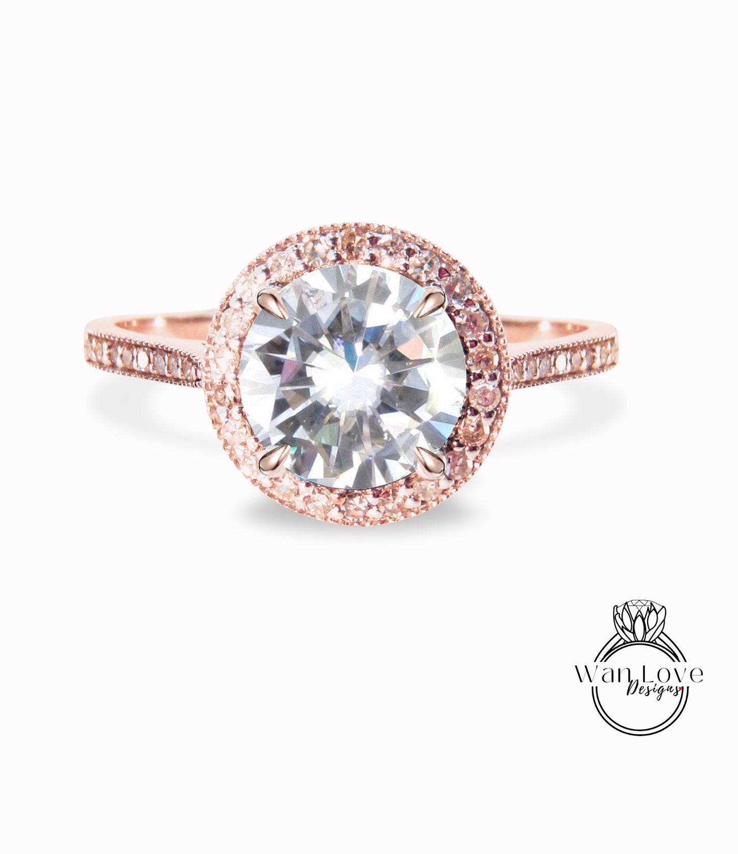 Diamond Halo Gold Ring/ Round Moissanite Center gem Ring/ Engagement Ring/ Anniversary Ring/ Promise Ring/ Halo Milgrain Ring Wan Love Designs