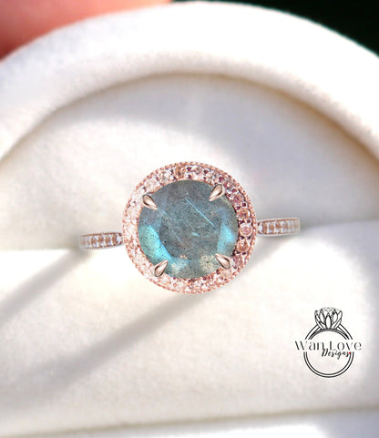 Diamond Halo Labradorite Gold Ring/ Round Labradorite Center Ring/ Engagement Ring/ Anniversary Ring/ Promise Ring/ Halo Milgrain Ring Wan Love Designs