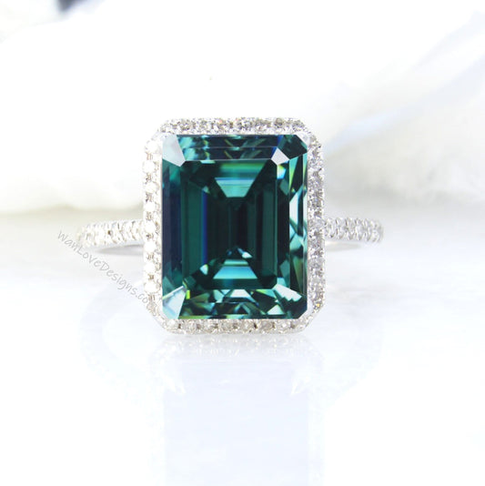 Diamond Halo Ring Blue Green Moissanite & Diamond Emerald Engagement Ring Art Deco Radiant Halo Ring wedding anniversary bridal promise ring Wan Love Designs