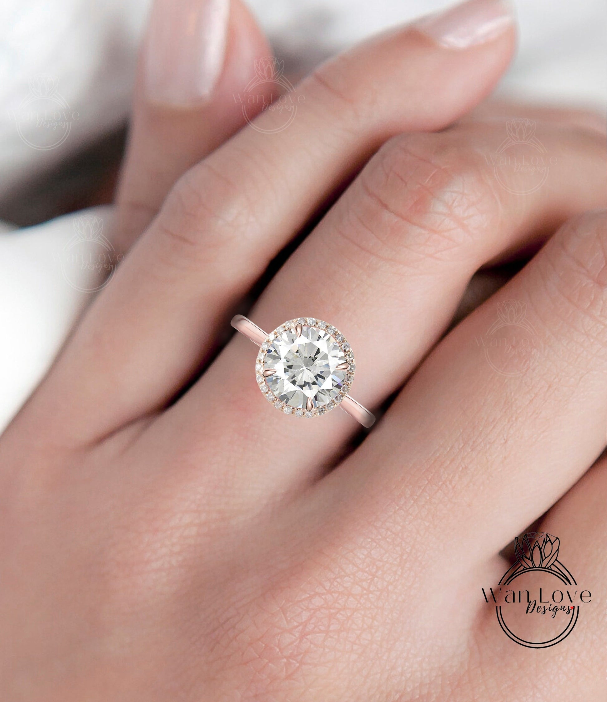 Diamond Halo plain band Engagement Ring, tapered band Round Diamond Halo Ring, Solid 14k gold engagement ring with IGI lab diamonds Wan Love Designs