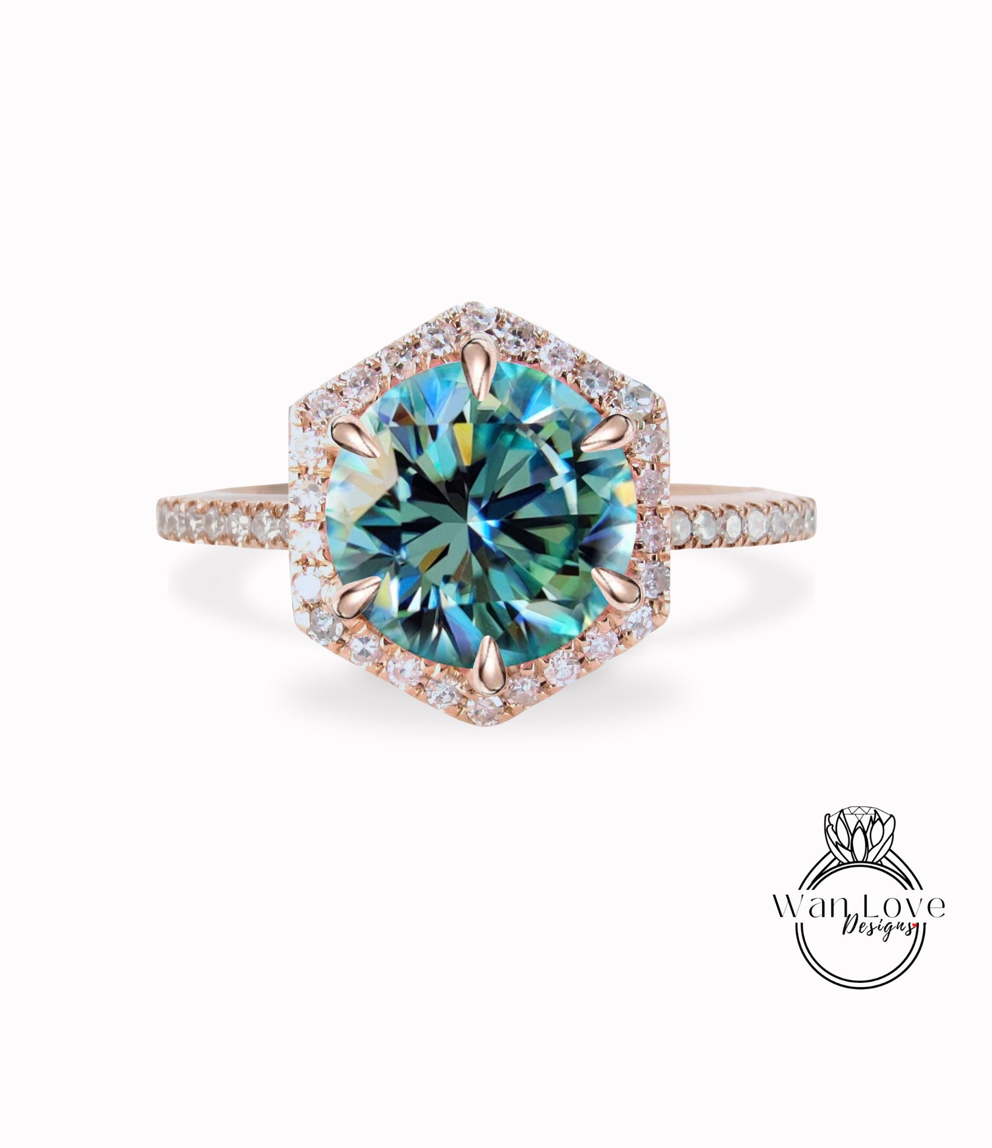 Diamond Hexagon Halo Ring Blue Moissanite Diamond Round cut Engagement Ring Art Deco rose gold vintage Halo Ring wedding bridal promise ring Wan Love Designs
