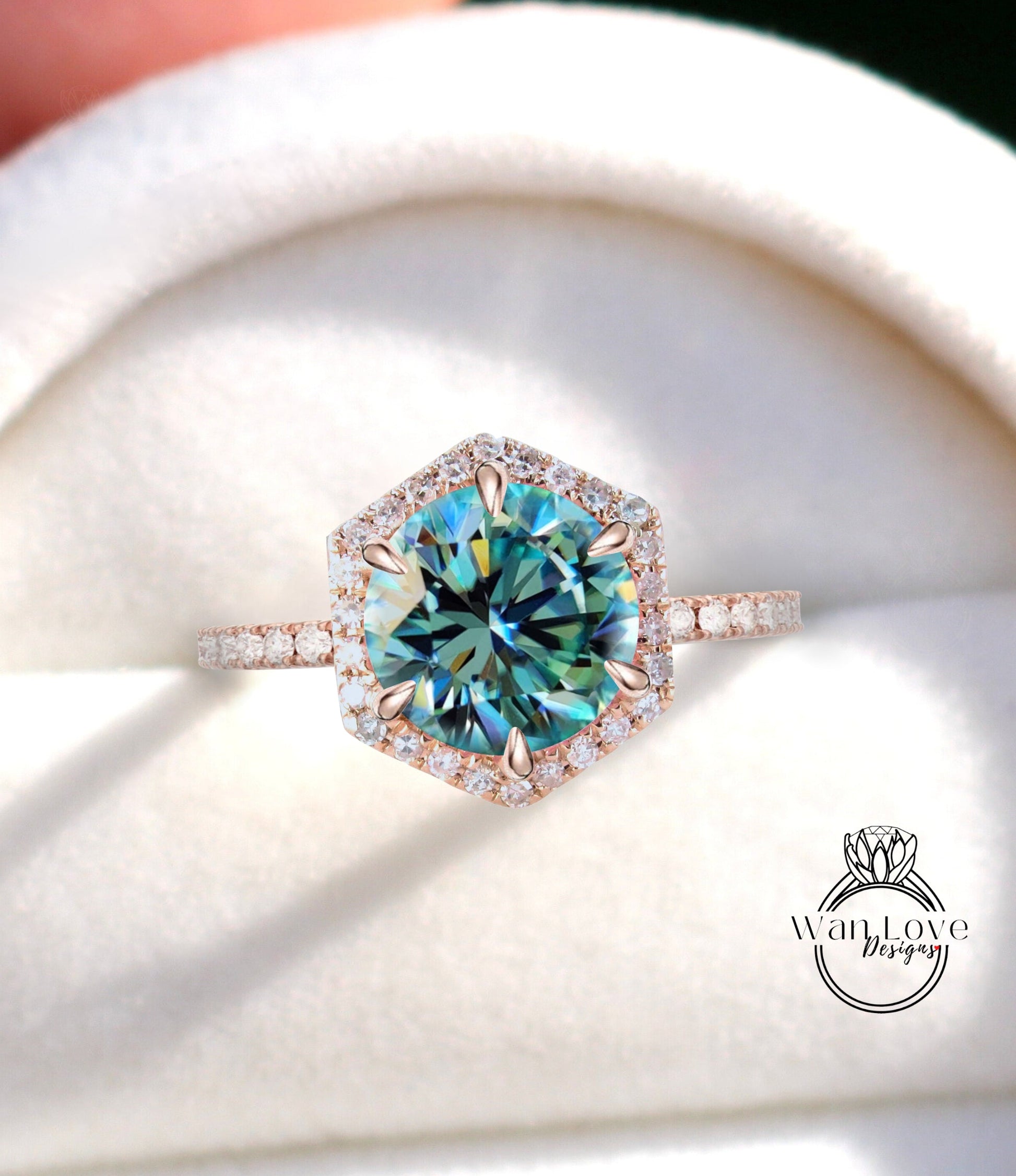 Diamond Hexagon Halo Ring Blue Moissanite Diamond Round cut Engagement Ring Art Deco rose gold vintage Halo Ring wedding bridal promise ring Wan Love Designs