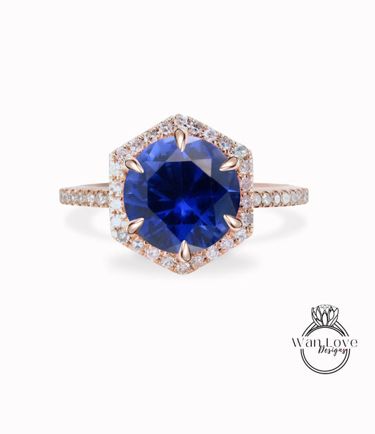 Diamond Hexagon Halo Ring Blue Sapphire Diamond Round cut Engagement Ring Art Deco rose gold vintage Halo Ring wedding bridal promise ring Wan Love Designs