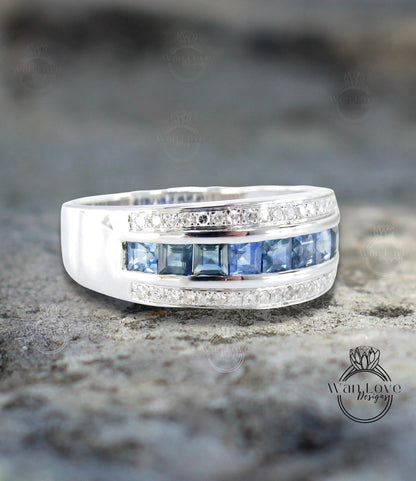 Diamond Men's Blue Sapphire Ring - Sapphire Ring Men - Sapphire Wedding Band - 3 row Band Sapphires - Unique Mens Band - Ring For Men -Ready Wan Love Designs