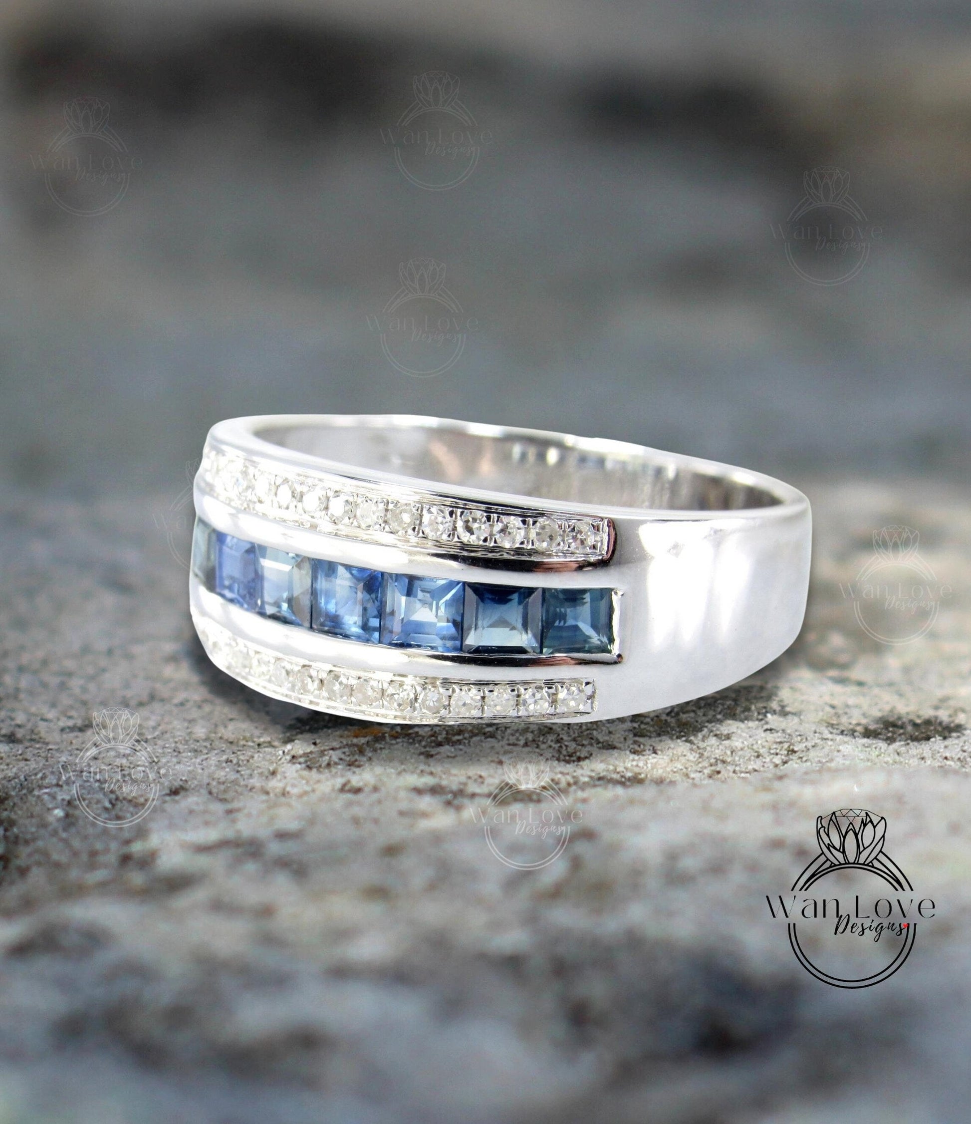 Diamond Men's Blue Sapphire Ring Sapphire Ring Men Sapphire Wedding Band row Band Sapphires Unique Mens Band Ring For Men -Ready