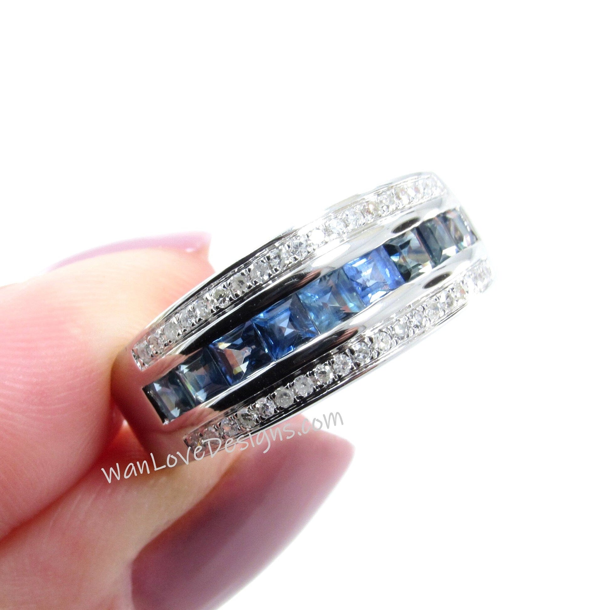 Diamond Men's Blue Sapphire Ring - Sapphire Ring Men - Sapphire Wedding Band - 3 row Band Sapphires - Unique Mens Band - Ring For Men -Ready Wan Love Designs