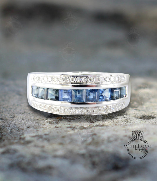 Diamond Men's Blue Sapphire Ring - Sapphire Ring Men - Sapphire Wedding Band - 3 row Band Sapphires - Unique Mens Band - Ring For Men -Ready Wan Love Designs