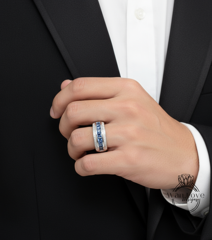 Diamond Men's Blue Sapphire Ring - Sapphire Ring Men - Sapphire Wedding Band - 3 row Band Sapphires - Unique Mens Band - Ring For Men -Ready