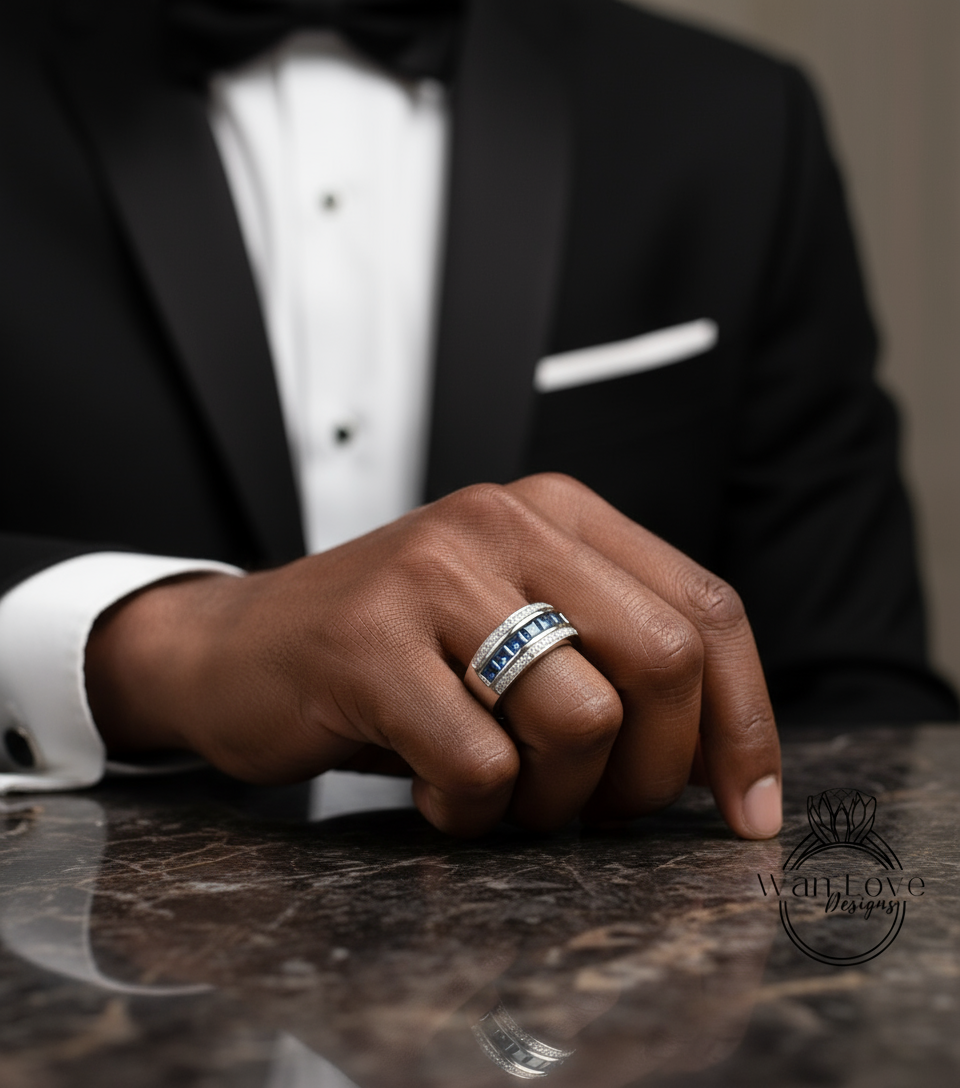 Diamond Men's Blue Sapphire Ring - Sapphire Ring Men - Sapphire Wedding Band - 3 row Band Sapphires - Unique Mens Band - Ring For Men -Ready