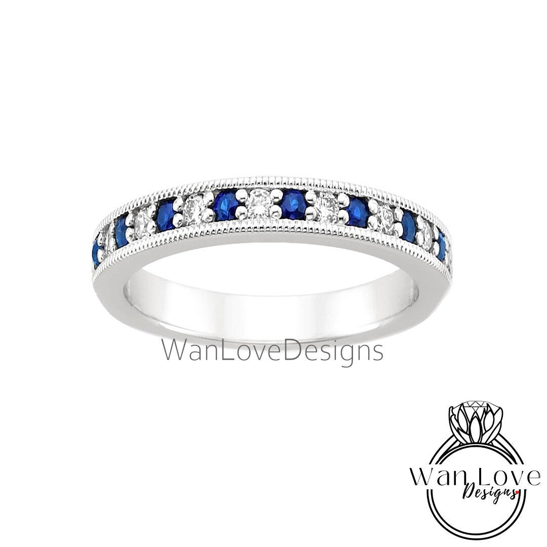 Diamond Milgrain Wedding Band - Antique Style channel prong set Wedding ring - Bead set Vintage Band - Birthstone Choice Bridal Ring Wan Love Designs