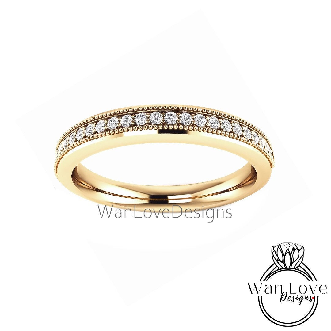 Diamond Milgrain Wedding Band - Antique Style channel prong set Wedding ring - Bead set Vintage Band - Birthstone Choice Bridal Ring Wan Love Designs