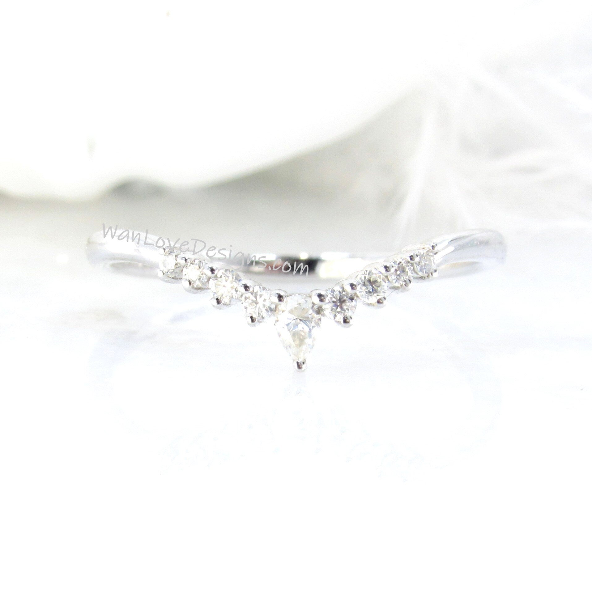 Diamond Moissanite Contoured Pear Round Wedding Band Ring Sapphire Curved Nesting,14k 18k White Yellow Rose Gold-Platinum-Custom-Anniversary Wan Love Designs