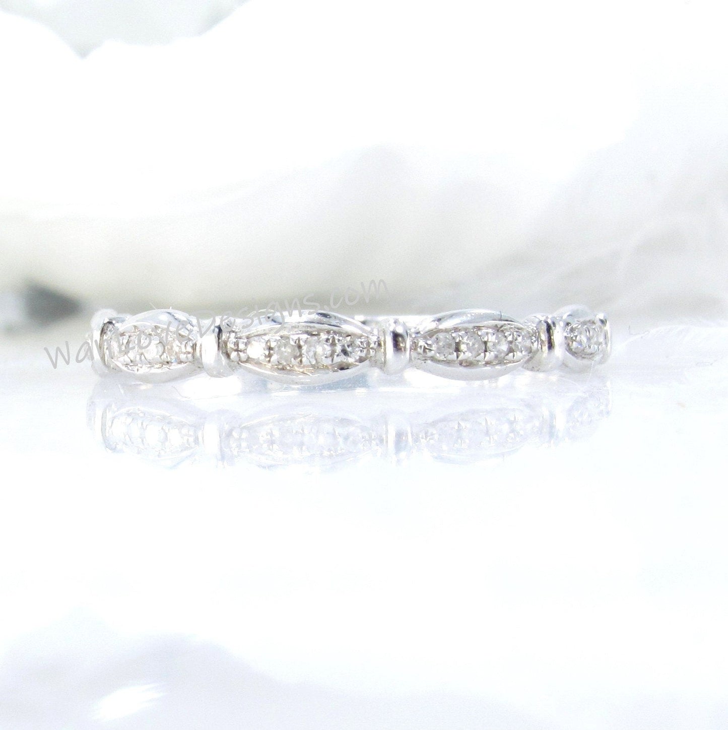 Diamond Moissanite White Sapphire Wedding Band Ring Half Eternity Pinched Leaf 14k 18k White Yellow Rose Gold-Platinum-Custom-Anniversary Wan Love Designs