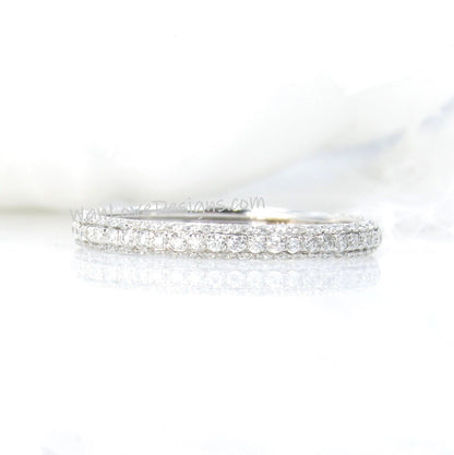 Diamond Pave 3 Row  3/4 Almost Eternity womans Wedding Band, 3 sided Moissanite Wedding Ring, 18k White Gold Ring, Custom Birthstone Band Wan Love Designs