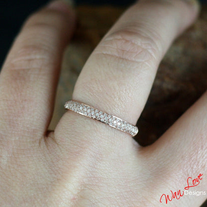 Diamond Pave 3 Row Half Eternity Wedding Band Ring womans 14k 18k White Yellow Rose Gold-Platinum-Custom made your sz-Engagement-Anniversary Wan Love Designs