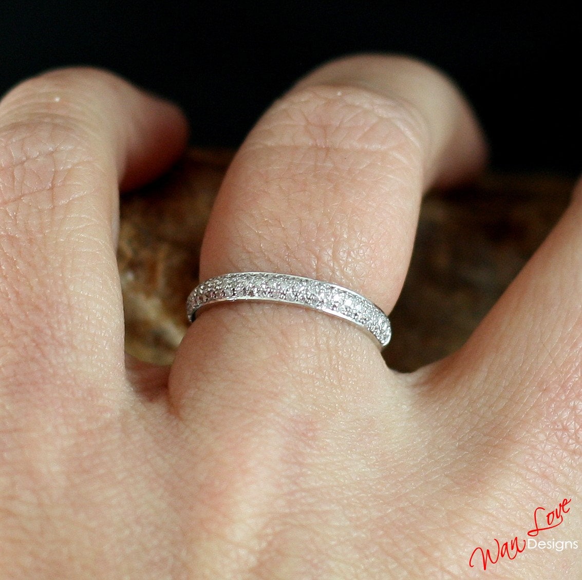 Diamond Pave 3 Row Half Eternity Wedding Band Ring womans 14k 18k White Yellow Rose Gold-Platinum-Custom made your sz-Engagement-Anniversary Wan Love Designs