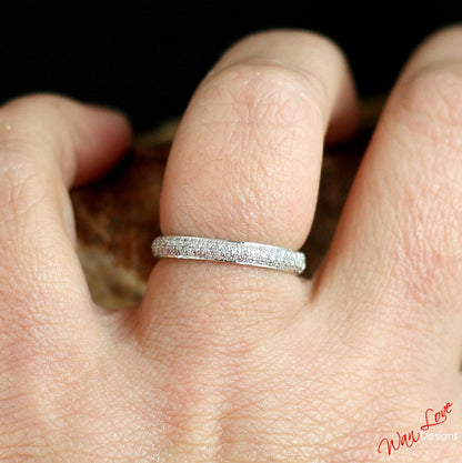 Diamond Pave 3 Row Half Eternity Wedding Band Ring womans 14k 18k White Yellow Rose Gold-Platinum-Custom made your sz-Engagement-Anniversary Wan Love Designs