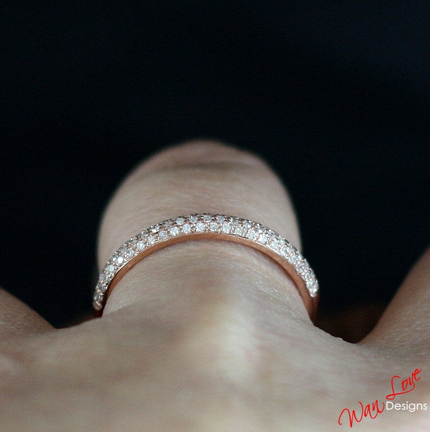 Diamond Pave 3 Row Half Eternity Wedding Band Ring womans 14k 18k White Yellow Rose Gold-Platinum-Custom made your sz-Engagement-Anniversary Wan Love Designs