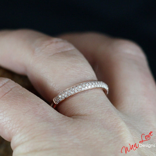 Diamond Pave 3 Row Half Eternity Wedding Band Ring womans 14k 18k White Yellow Rose Gold-Platinum-Custom made your sz-Engagement-Anniversary Wan Love Designs