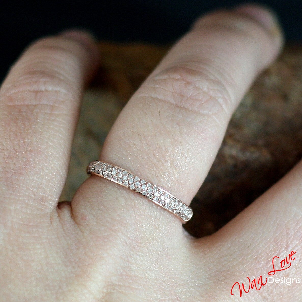 Diamond Pave 3 Row Half Eternity Wedding Band Ring womans 14k 18k White Yellow Rose Gold-Platinum-Custom made your sz-Engagement-Anniversary Wan Love Designs