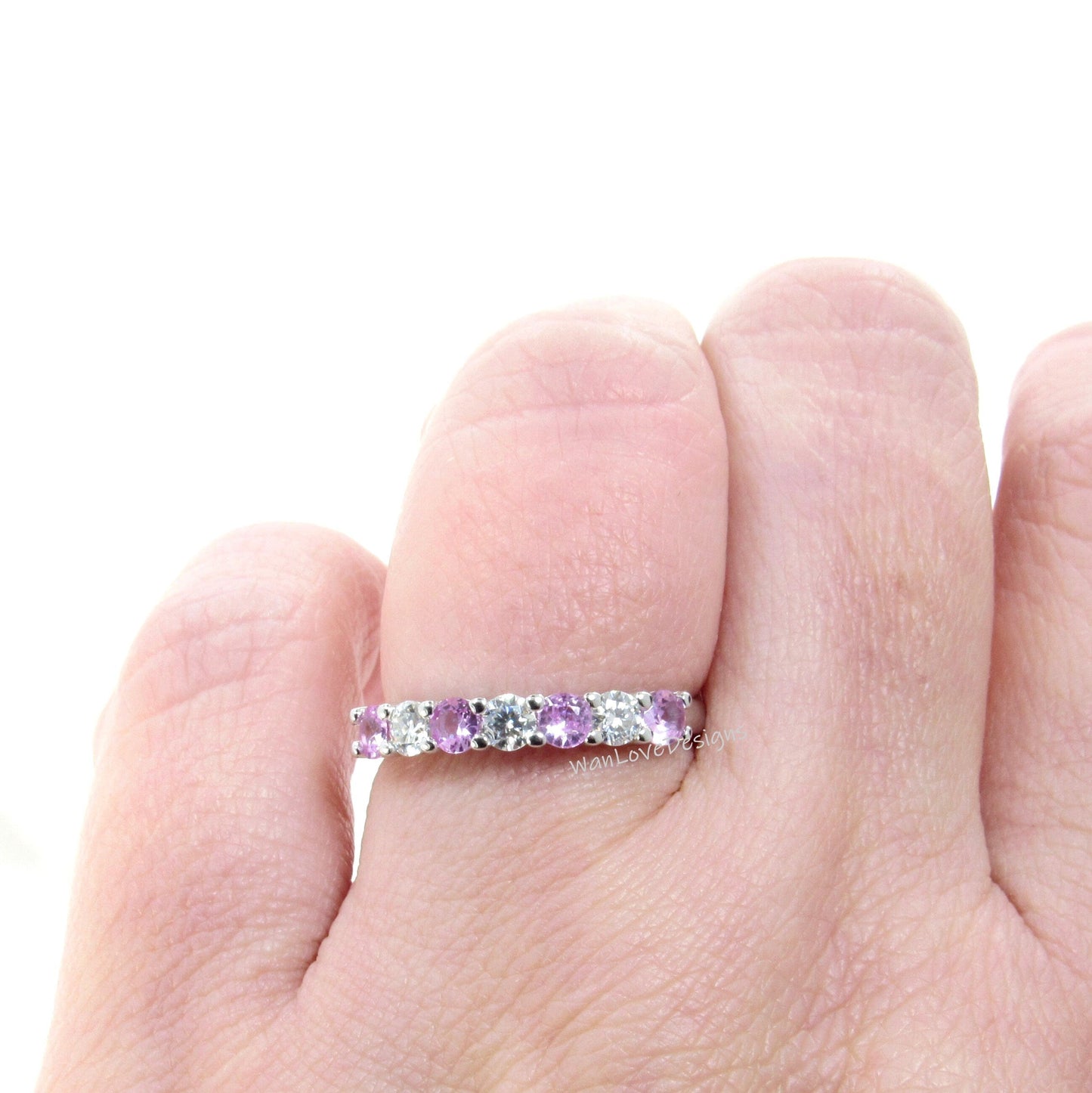 Diamond Pink Sapphire Wedding Band, Round Cut Moissanite Ring, 7 Stone 3mm Gold Band, Anniversary Band, Choose Stone, Birthstone Bridal Ring Wan Love Designs