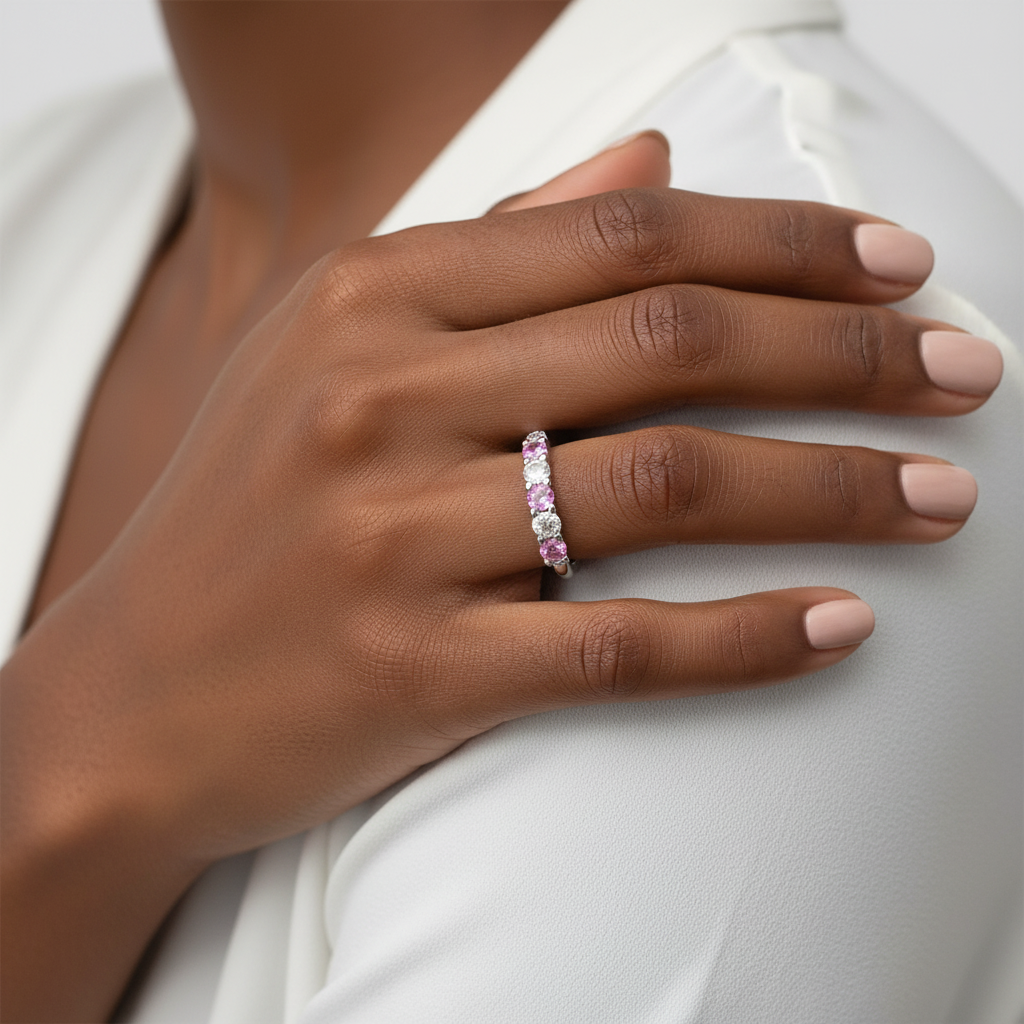 Fede nuziale con zaffiro rosa diamante, anello Moissanite a taglio rotondo, fascia d'oro con 7 pietre da 3 mm, fascia anniversario, scegli pietra, anello nuziale con pietra portafortuna