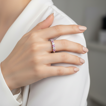 Fede nuziale con zaffiro rosa diamante, anello Moissanite a taglio rotondo, fascia d'oro con 7 pietre da 3 mm, fascia anniversario, scegli pietra, anello nuziale con pietra portafortuna