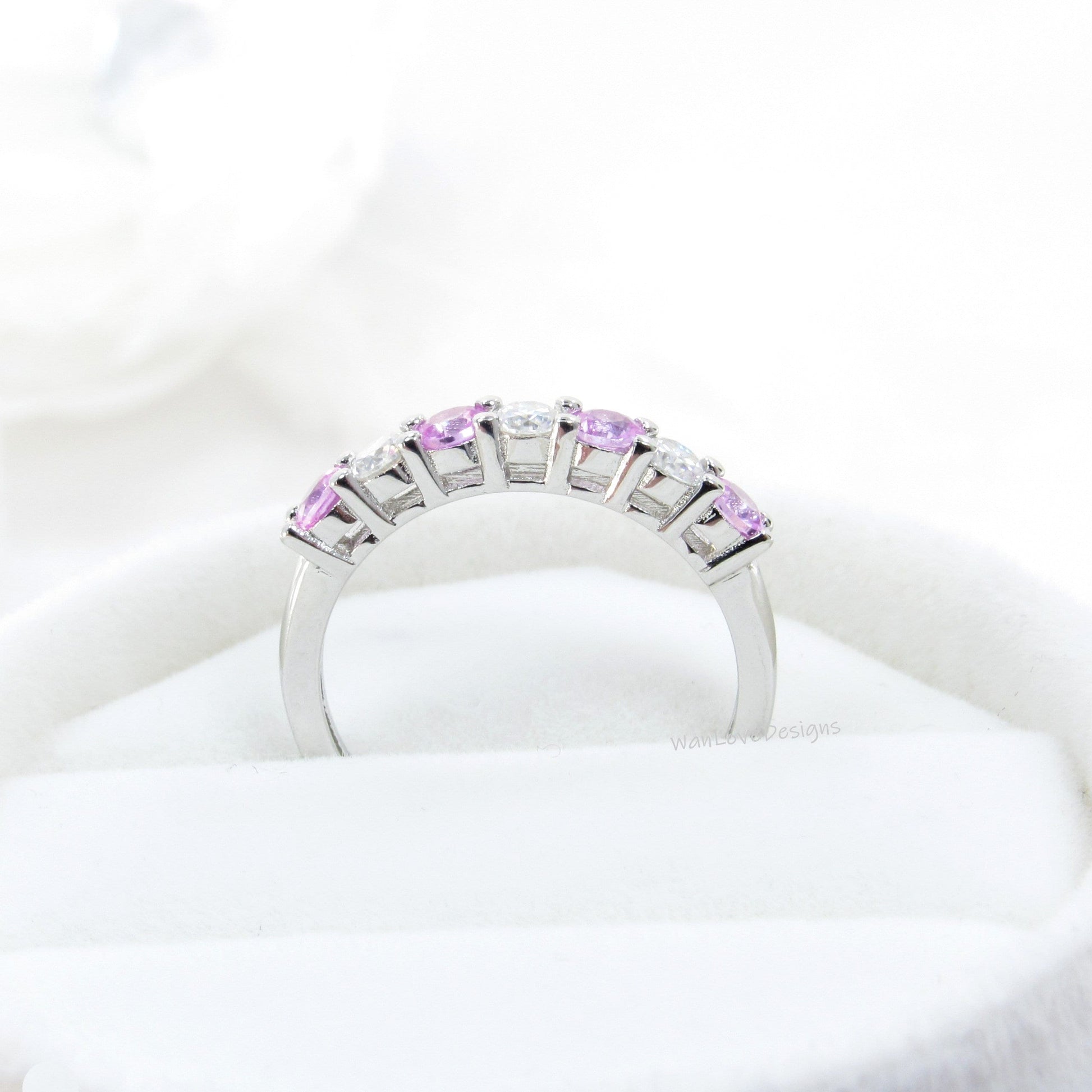 Diamond Pink Sapphire Wedding Band, Round Cut Moissanite Ring, 7 Stone 3mm Gold Band, Anniversary Band, Choose Stone, Birthstone Bridal Ring Wan Love Designs