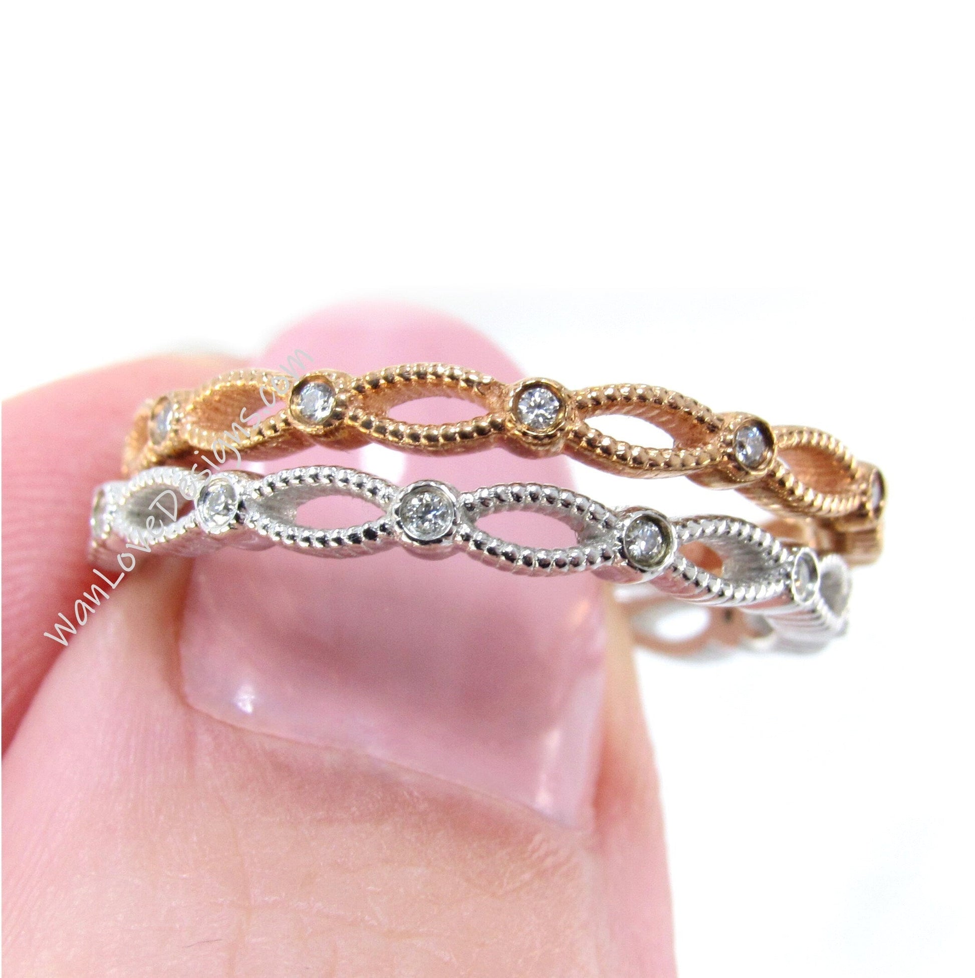 Diamond Rope Twist Stack Rings/ Dainty Moissanite Textured Bands/ 18K Rose Gold Bridal Rings/ Twisted Women Rings/ Minimalist Ring For Her Wan Love Designs