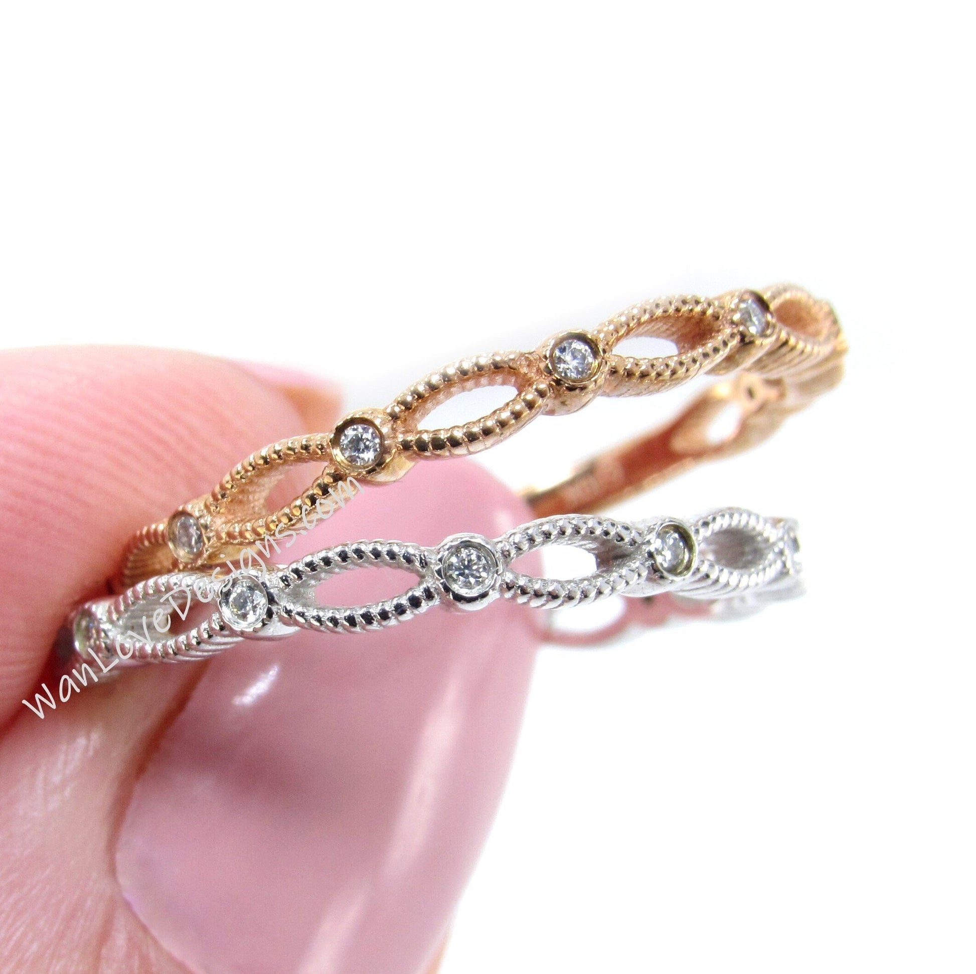 Diamond Rope Twist Stack Rings/ Dainty Moissanite Textured Bands/ 18K Rose Gold Bridal Rings/ Twisted Women Rings/ Minimalist Ring For Her Wan Love Designs