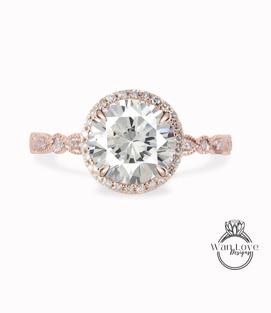 Diamond Round Halo Engagement Ring vintage lab diamond IGI milgrain Leaf Scalloped Band Bridal ring promise Ring Wan Love Designs