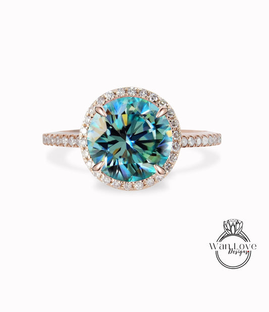 Diamond Round Halo Ring Blue Moissanite Diamond Round cut Engagement Ring Art Deco gold vintage Ring antique wedding bridal promise ring Wan Love Designs