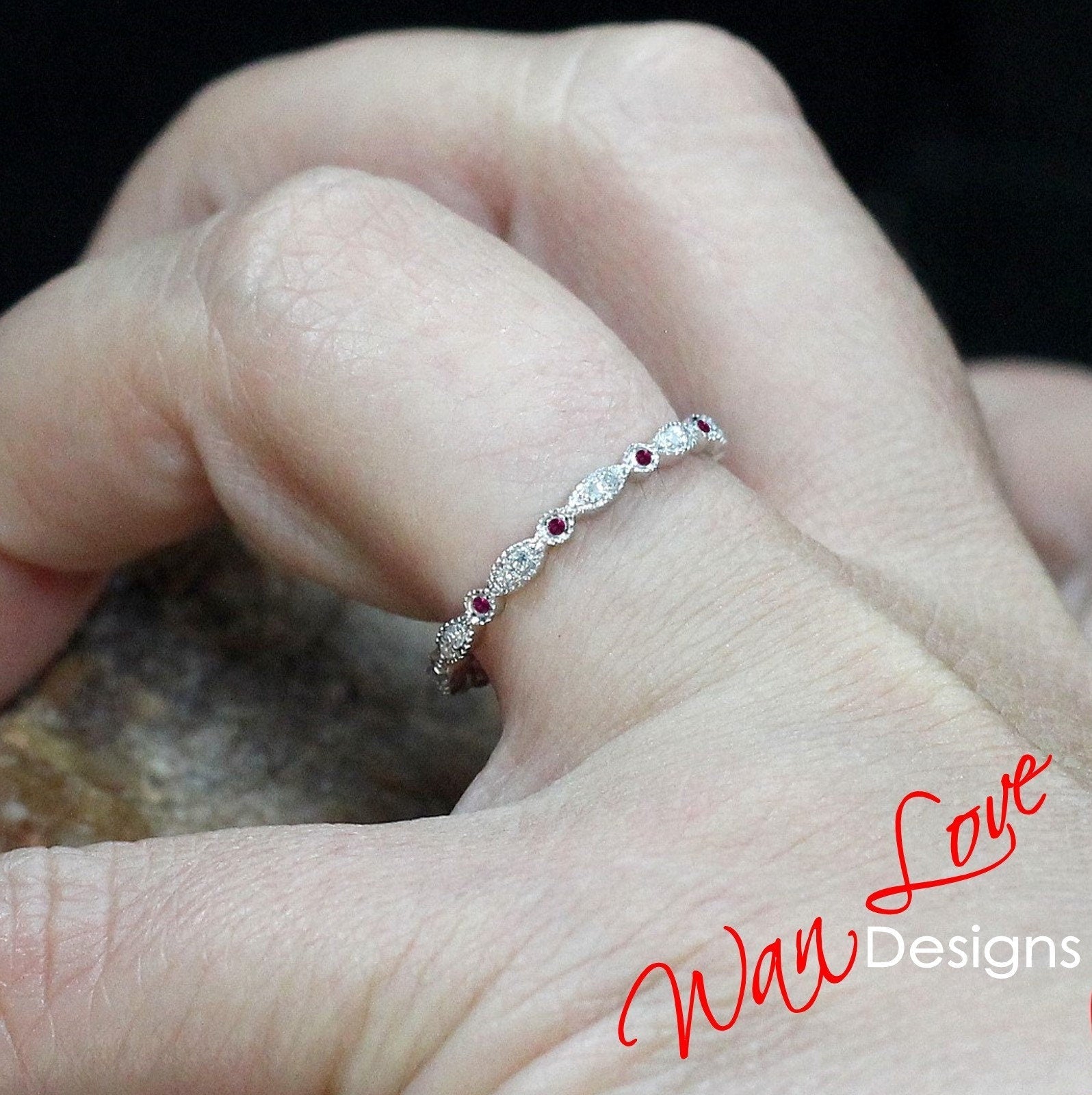 Diamond & Ruby Wedding Band Ring, Milgrain Leaf, Full Eternity, Stackable Ring, 14k 18k White Yellow Rose Gold-Platinum-Custom-Engagement Wan Love Designs