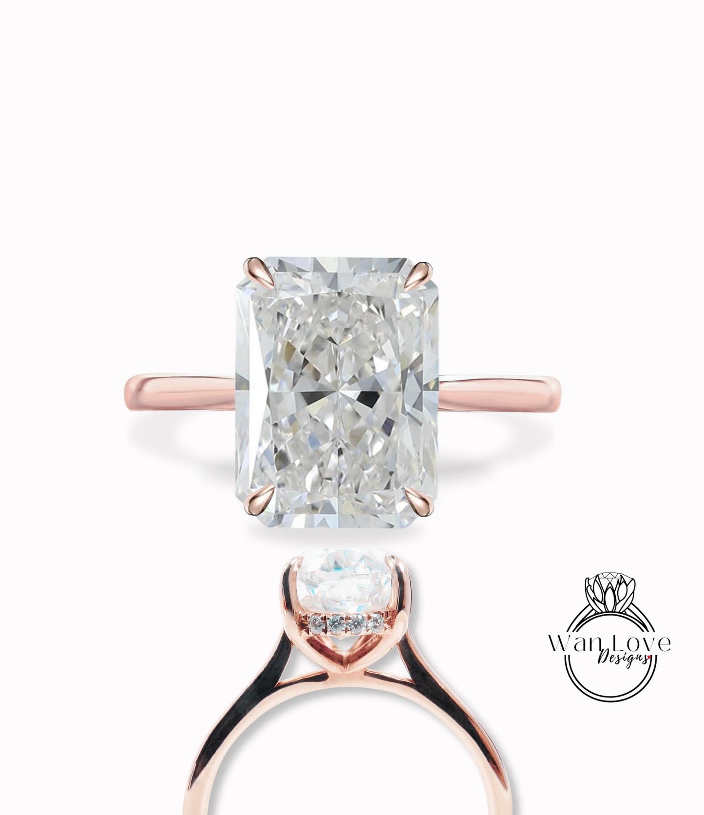 Diamond Side halo Radiant engagement ring Tapered plain band Lab Diamond ring rose gold prong ring Art deco Solitaire wedding bridal Anniversary promise Wan Love Designs