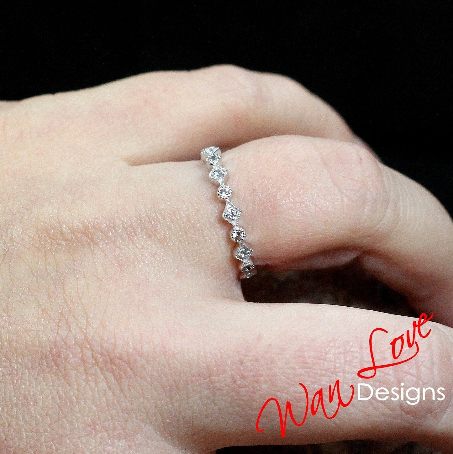 Diamond Wedding Band Moissanite Milgrain Ring Geometric 3/4 Almost Eternity,14k 18k White Yellow Rose gold-Platinum-Custom-Anniversary Wan Love Designs