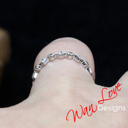 Diamond Wedding Band Moissanite Milgrain Ring Geometric 3/4 Almost Eternity,14k 18k White Yellow Rose gold-Platinum-Custom-Anniversary Wan Love Designs