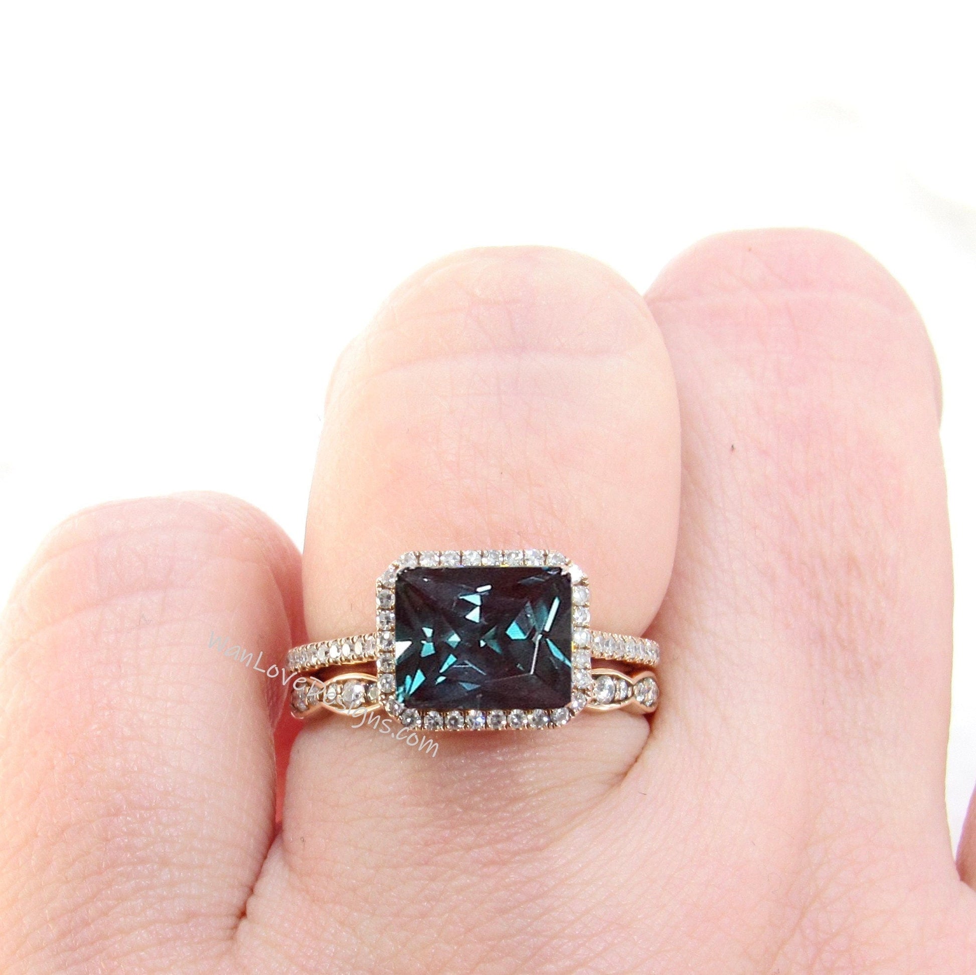 East West Alexandrite Engagement Ring set Vintage Ring Emerald cut diamond halo milgrain half eternity Wedding band promise Anniversary ring Wan Love Designs