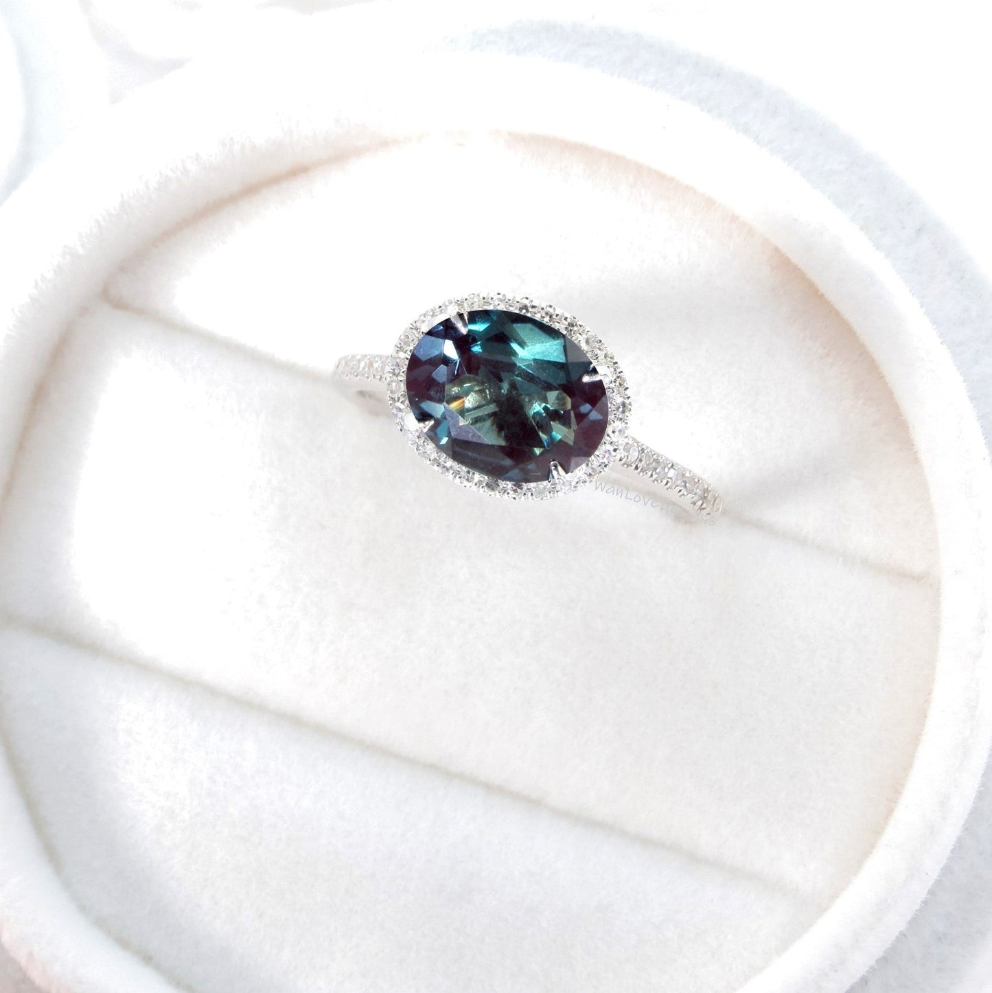 East West Alexandrite Oval halo engagement ring white gold Unique halo engagement ring art deco Oval Diamond halo wedding Bridal promise ring Wan Love Designs