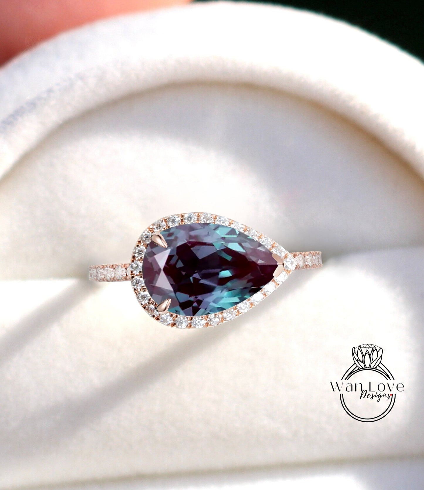 East West Alexandrite pear halo engagement ring rose gold Pear cut ring sideways halo art deco ring wedding Anniversary ring bridal ring Wan Love Designs