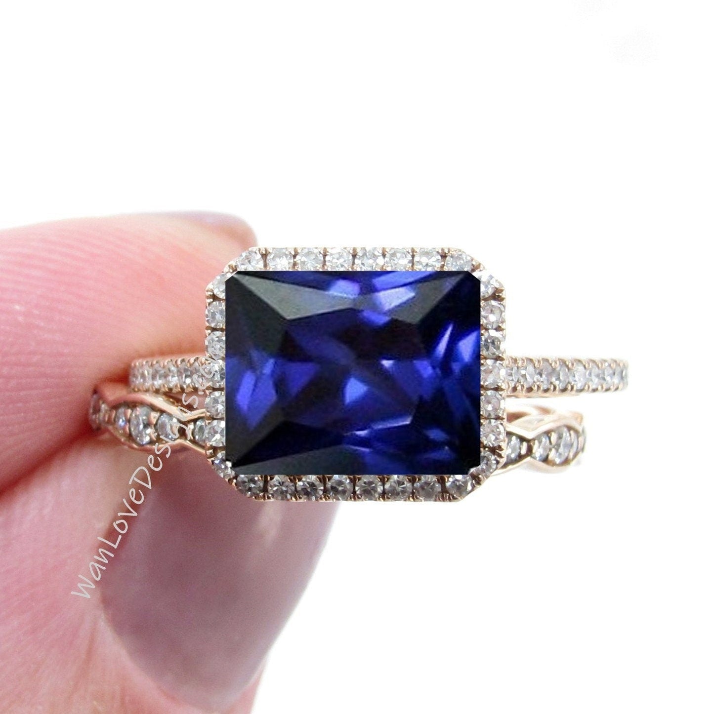 East West Blue Sapphire & Diamond Halo Engagement Ring Emerald cut Scalloped Wedding band Set Custom-Anniversary-14kt 18kt Gold-Platinum Wan Love Designs