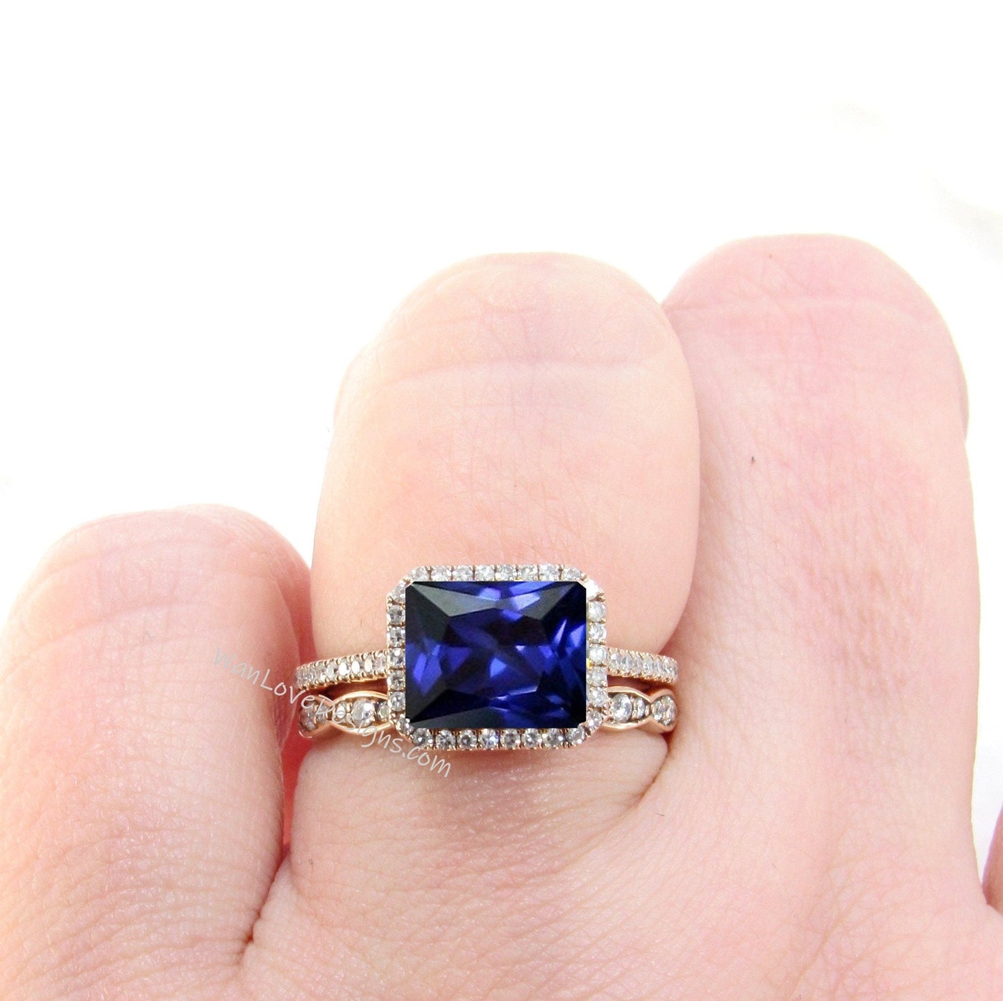 East West Blue Sapphire & Diamond Halo Engagement Ring Emerald cut Scalloped Wedding band Set Custom-Anniversary-14kt 18kt Gold-Platinum Wan Love Designs