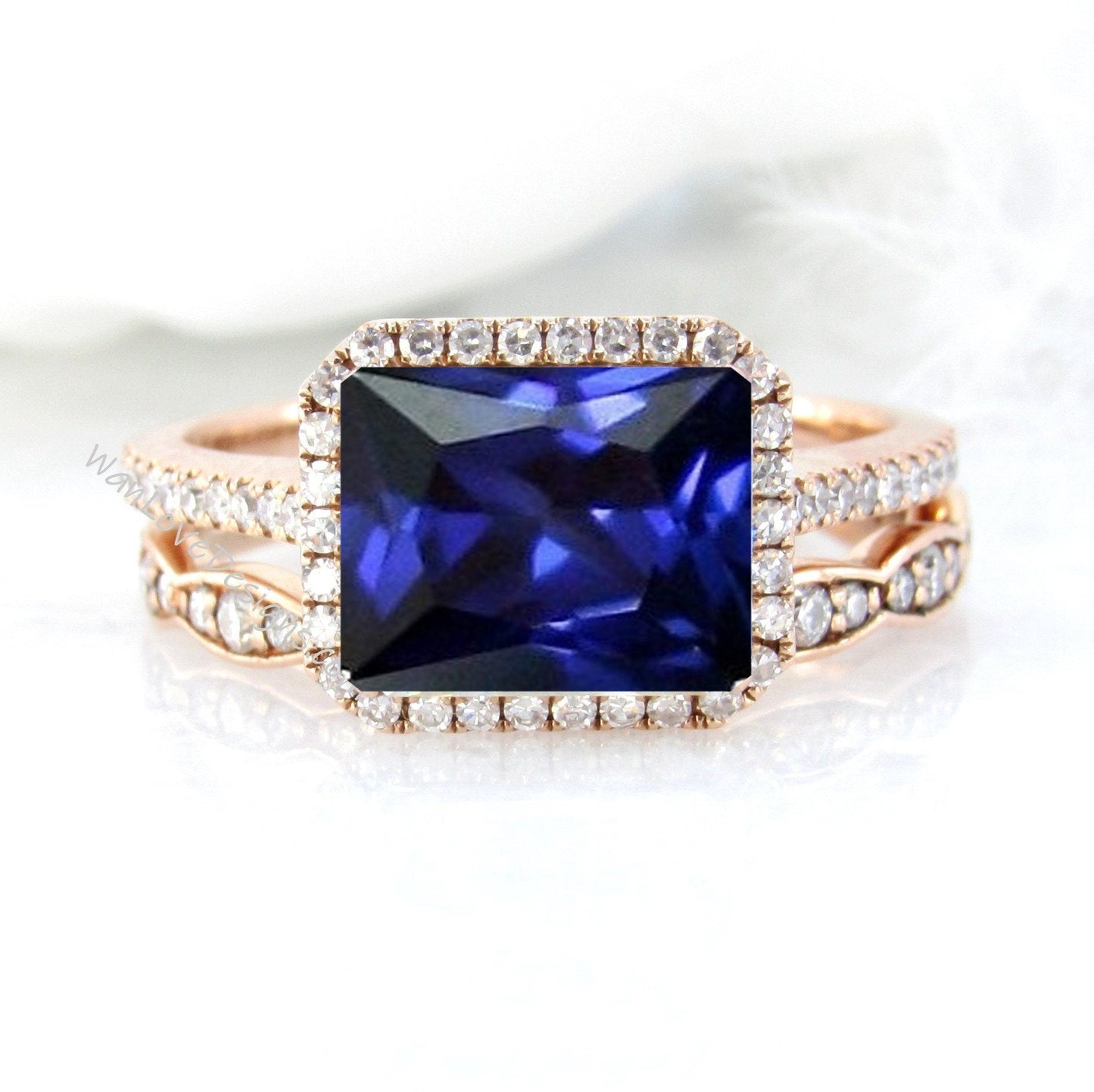 East West Blue Sapphire & Diamond Halo Engagement Ring Emerald cut Scalloped Wedding band Set Custom-Anniversary-14kt 18kt Gold-Platinum Wan Love Designs