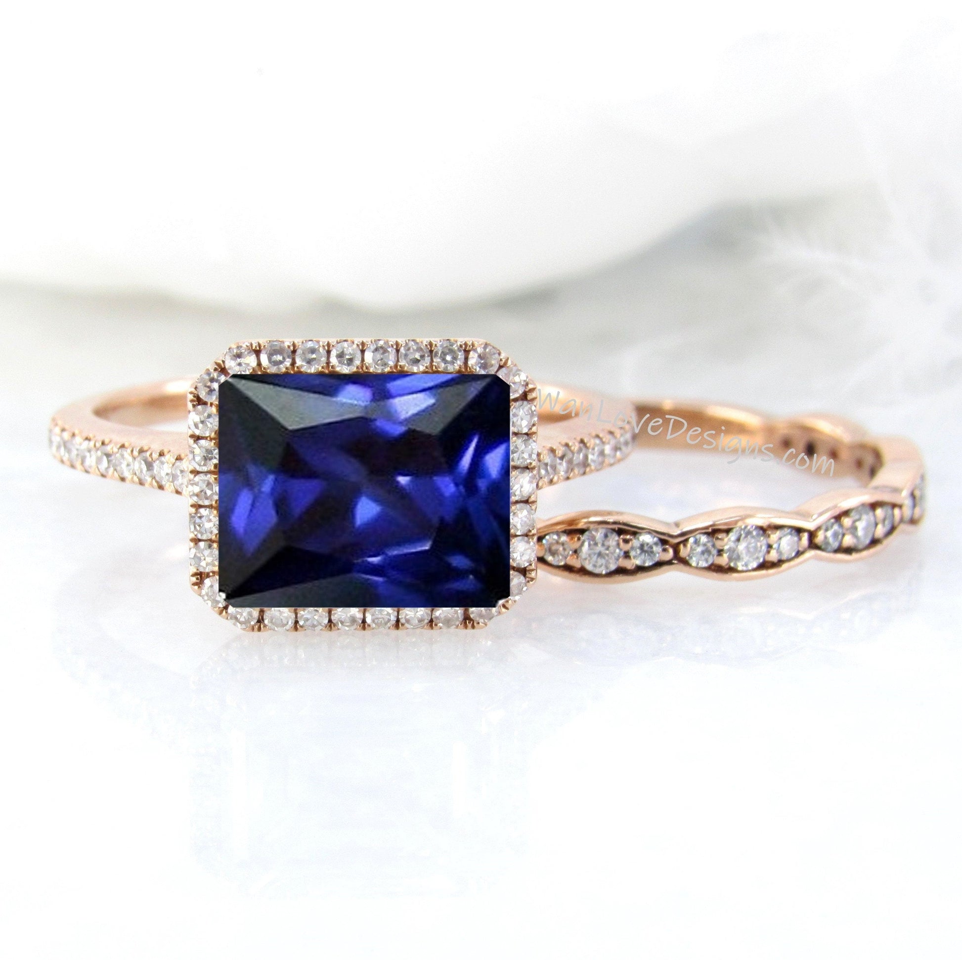 East West Blue Sapphire & Diamond Halo Engagement Ring Emerald cut Scalloped Wedding band Set Custom-Anniversary-14kt 18kt Gold-Platinum Wan Love Designs