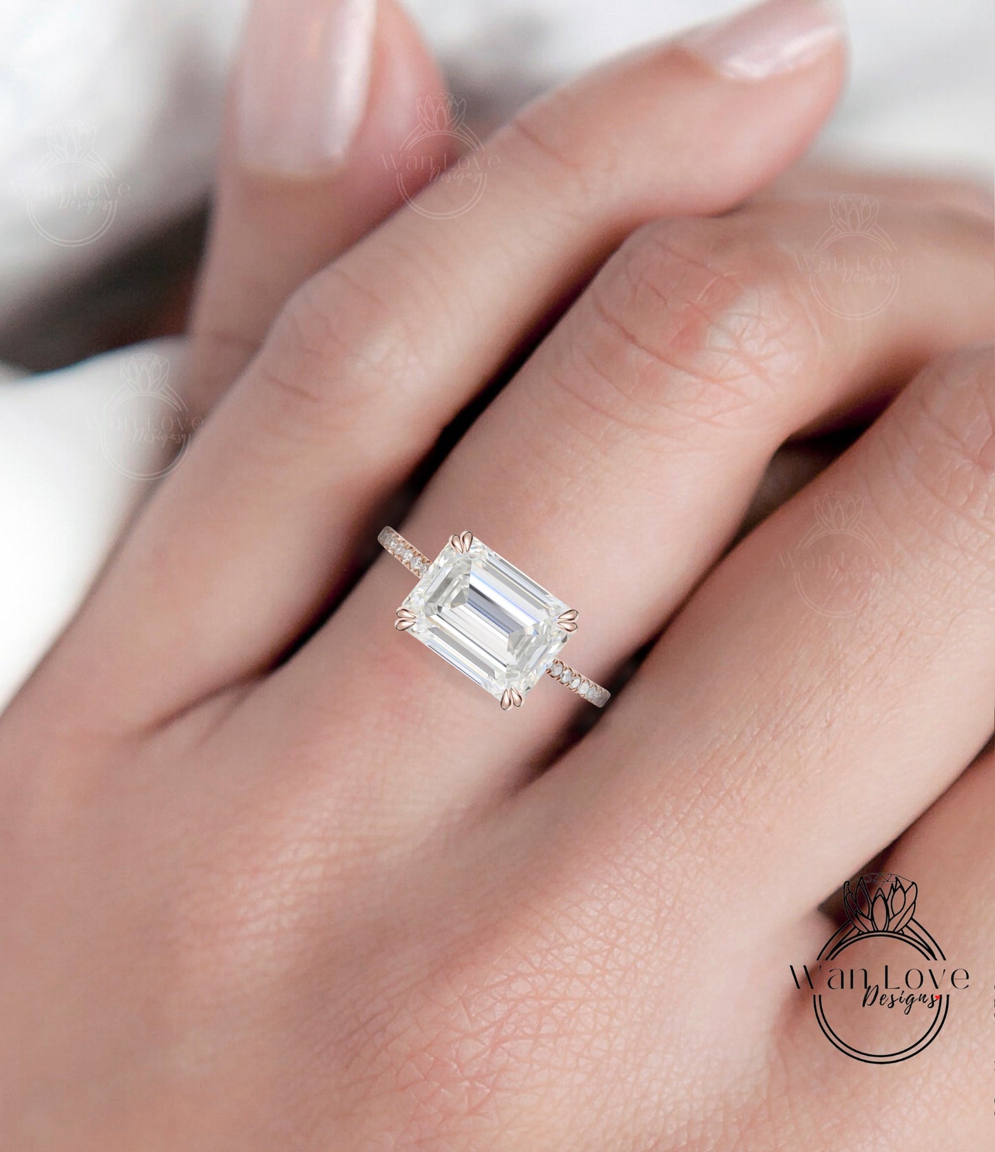 East West Emerald cut Moissanite Diamonds Engagement Ring Rose Gold half eternity band Diamond band Art Deco Delicate Wedding Bridal Ring Anniversary Promise Ring Wan Love Designs
