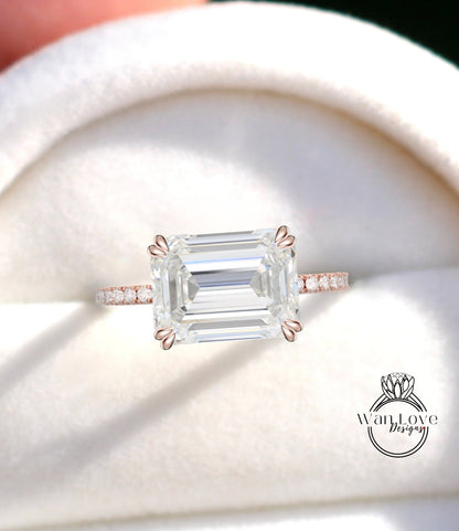 East West Emerald cut Moissanite Diamonds Engagement Ring Rose Gold half eternity band Diamond band Art Deco Delicate Wedding Bridal Ring Anniversary Promise Ring Wan Love Designs